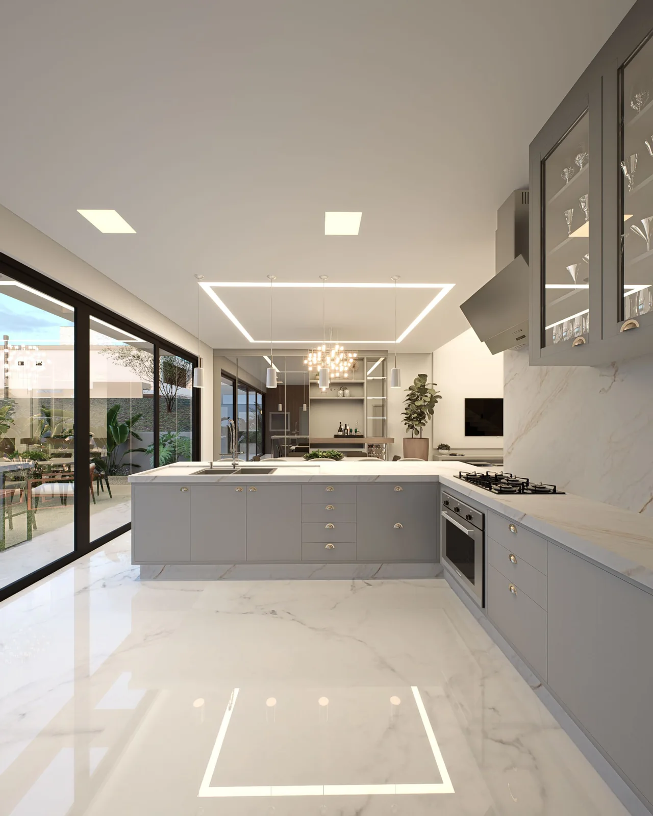 Cozinha ampla com piso em porcelanato marmorizado polido e bancada clara